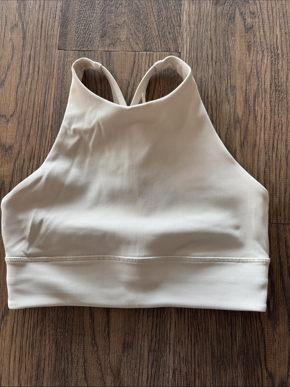 High-Neck Ribbed Sports Bra - Cream